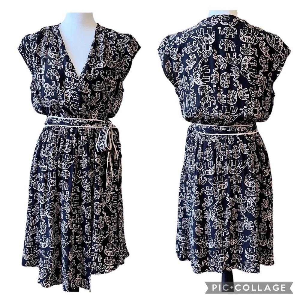 Anthropologie Maeve Navy and White Elephant Print Midi Dress
